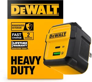 DEWALT Heavy Duty 49.5W Dual USB & USB C Charger Block (Cable Not Included), USBC Power Adapter, 2 Port Compact Foldable Fast Wall Charger for iPhone 16/15/14, Galaxy, Pixel 4/3, iPad - Black & Yellow