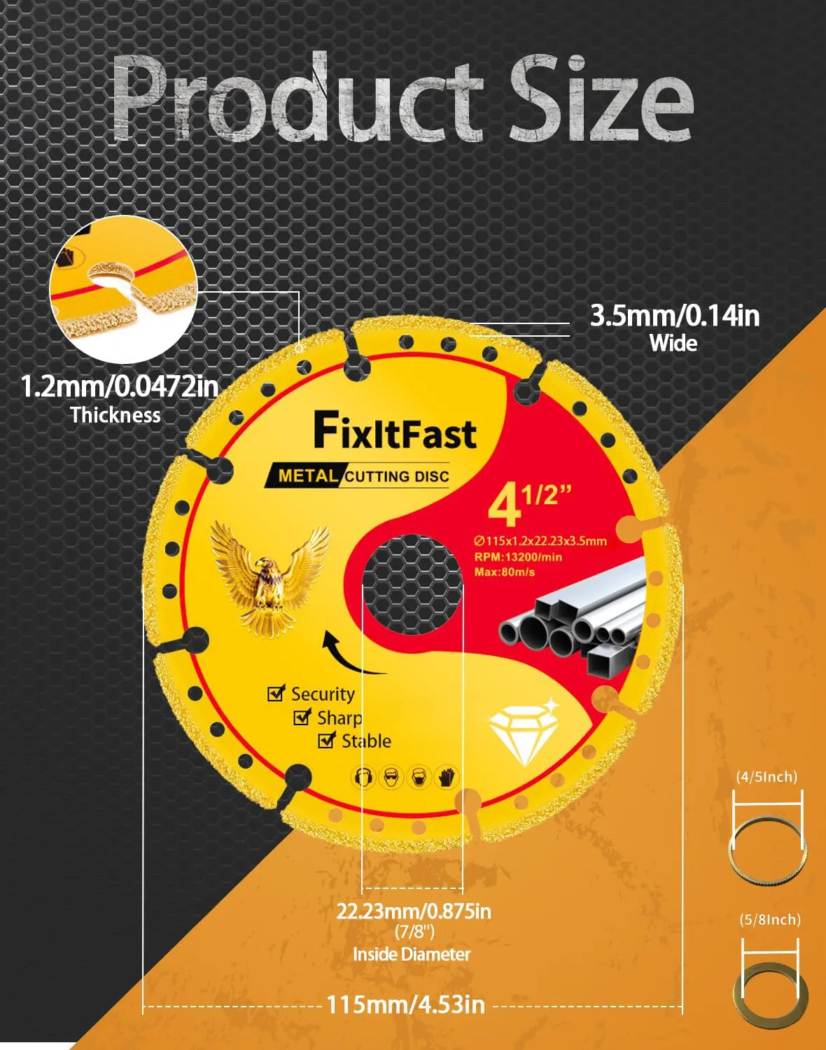 Diamond Cutting Wheel 4 1/2 x 7/8 Inch with 4/5" and 5/8" Washer,Cut Off Wheels 4 1 2 inch,4.5 Cut Off Wheel for Metal with 6000  Cuts on Rebar,Iron,INOX-3 Pack
