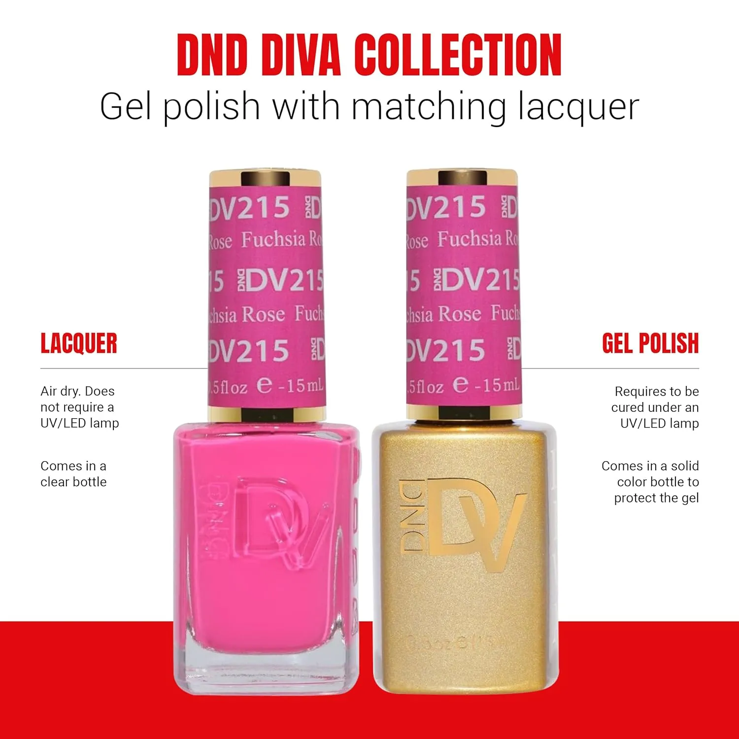 DND Diva Gel Polish Set, First Class Collection, UV/LED Gel Polish and Air Dry Nail Lacquer, Matching Chip-Free Polish Duo, 215 Fuchsia Rose, 0.5 Fl Oz