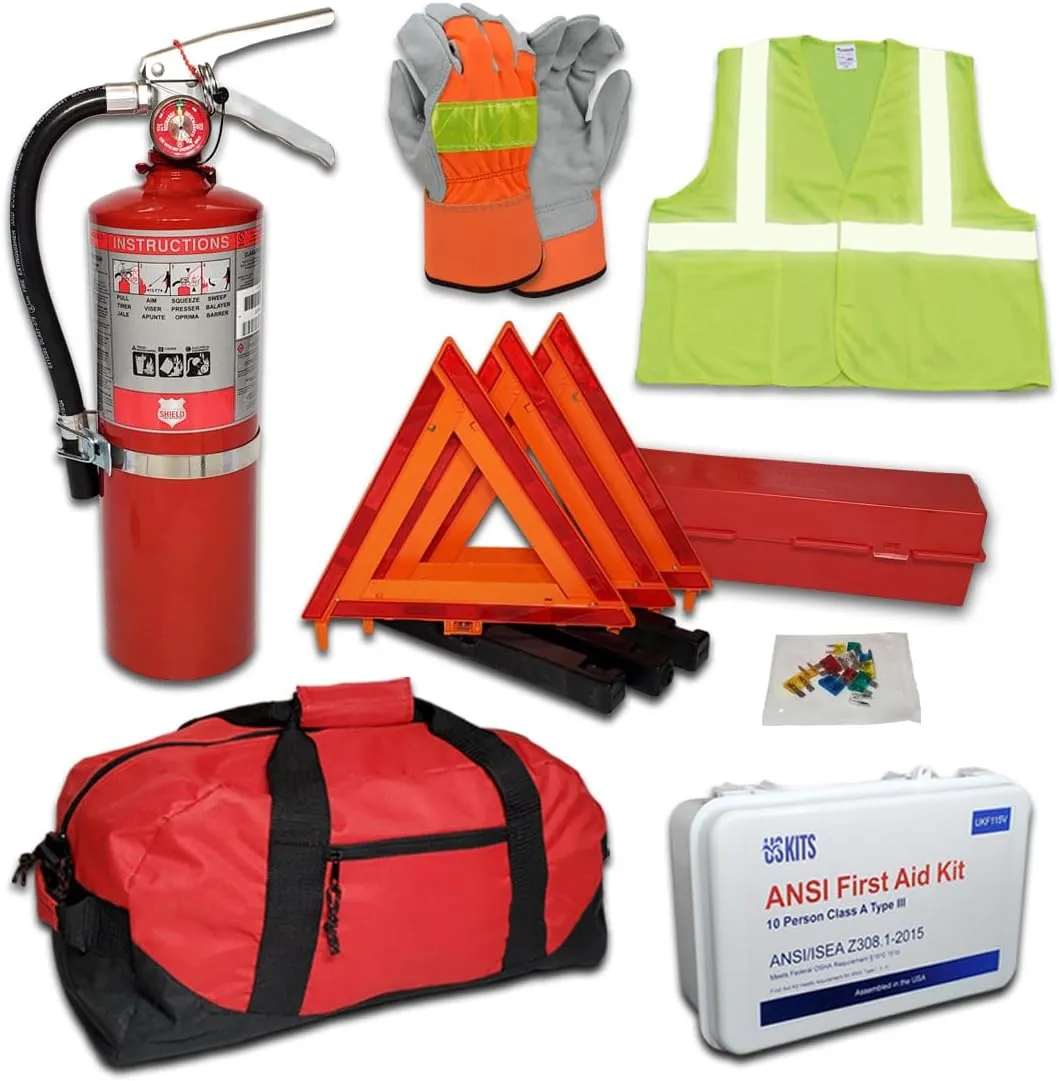 DOT/OSHA/ANSI Compliant Safety Kit for Construction Crews, Heavy Equipment Operators, and Truck Drivers - 5lb Shield 3A40BC Fire Extinguisher (USA Made)   Hi Visibility Safety Gear