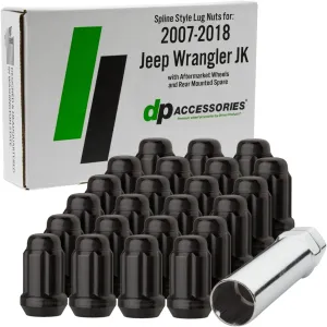 DPAccessories Lug Nuts Compatible with 2007-2018 Jeep Wrangler JK | Black Spline Style | Aftermarket Aluminum Wheels Only | Set of 23 Wheel Nuts & 1 Tool | DWRA2A-BK/023