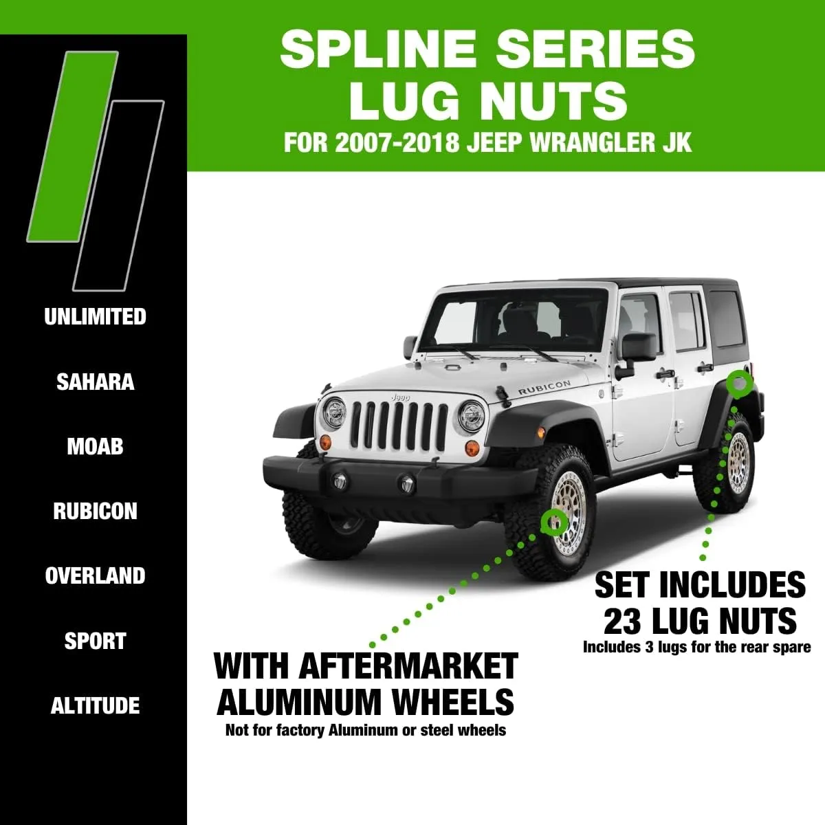DPAccessories Lug Nuts Compatible with 2007-2018 Jeep Wrangler JK | Black Spline Style | Aftermarket Aluminum Wheels Only | Set of 23 Wheel Nuts & 1 Tool | DWRA2A-BK/023