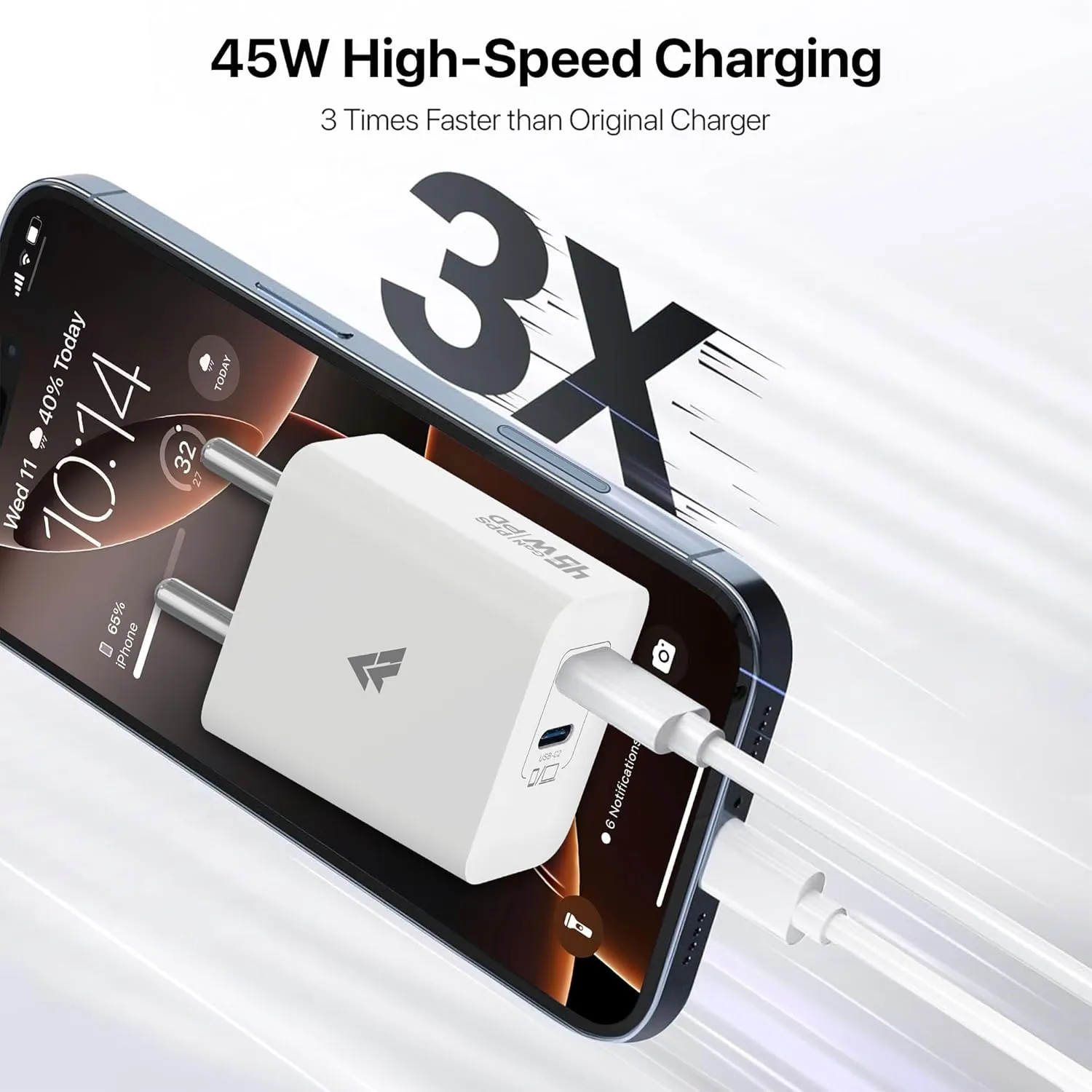 DR VAKU® Duotex 45W PD Dual Port GaN Charger Type C Adapter for iPhone 16/16 Plus/16 Pro/16 Pro Max, 15/14/13/12 Series, Samsung & All Android Devices USB-C Fast Charger
