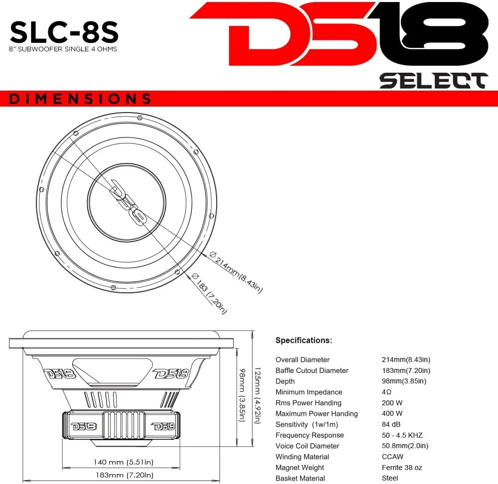 DS18 SLC-8S Subwoofer in Black - 8-Inch Speaker, 400W Max Power, 200W RMS Power, Aluminum 4 Layer Voice Coil, Black Steel Frame, SVC, 4 Ohm Impedance, Ferrite Magnet (1 Speaker) (SLC8S)
