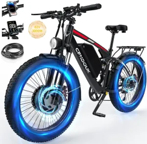Dual Motor Ebike Peak 3000W Electric Bike for Adults, 52V 23Ah UL Certified Battery 37MPH 87 Miles Long Range Full Suspension Electric Bicycle Fat Tire E Bike for All Terrain