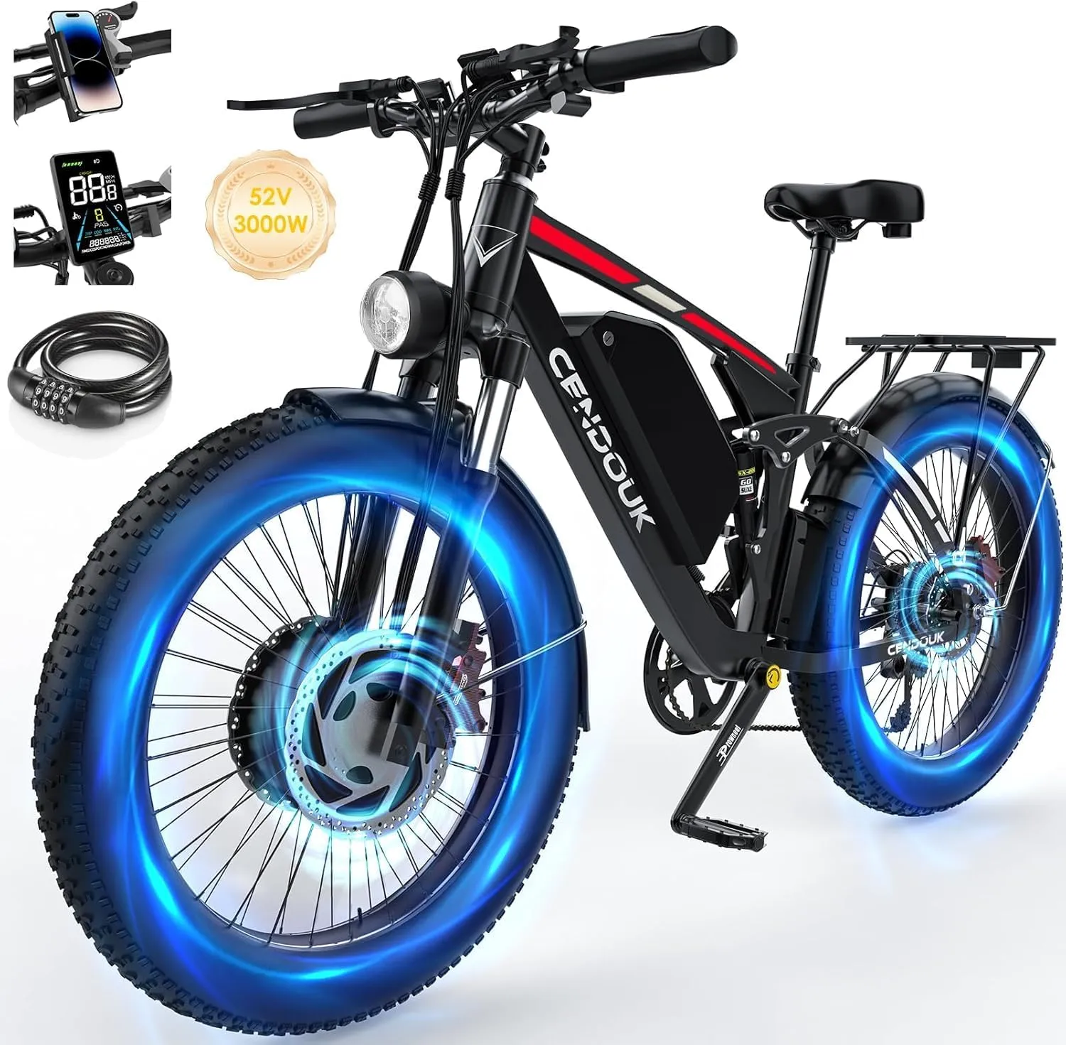 Dual Motor Ebike Peak 3000W Electric Bike for Adults, 52V 23Ah UL Certified Battery 37MPH 87 Miles Long Range Full Suspension Electric Bicycle Fat Tire E Bike for All Terrain