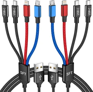 Dual Type-C 4 in 1 Charging Cable 2Pack 5FT, Multi Charging Cable for Multiple Devices, Universal USB Cable with IP/Micro/Dual USB-C Port Compatible iPhone16/15/14 Series, Cell Phones Tablets Pads