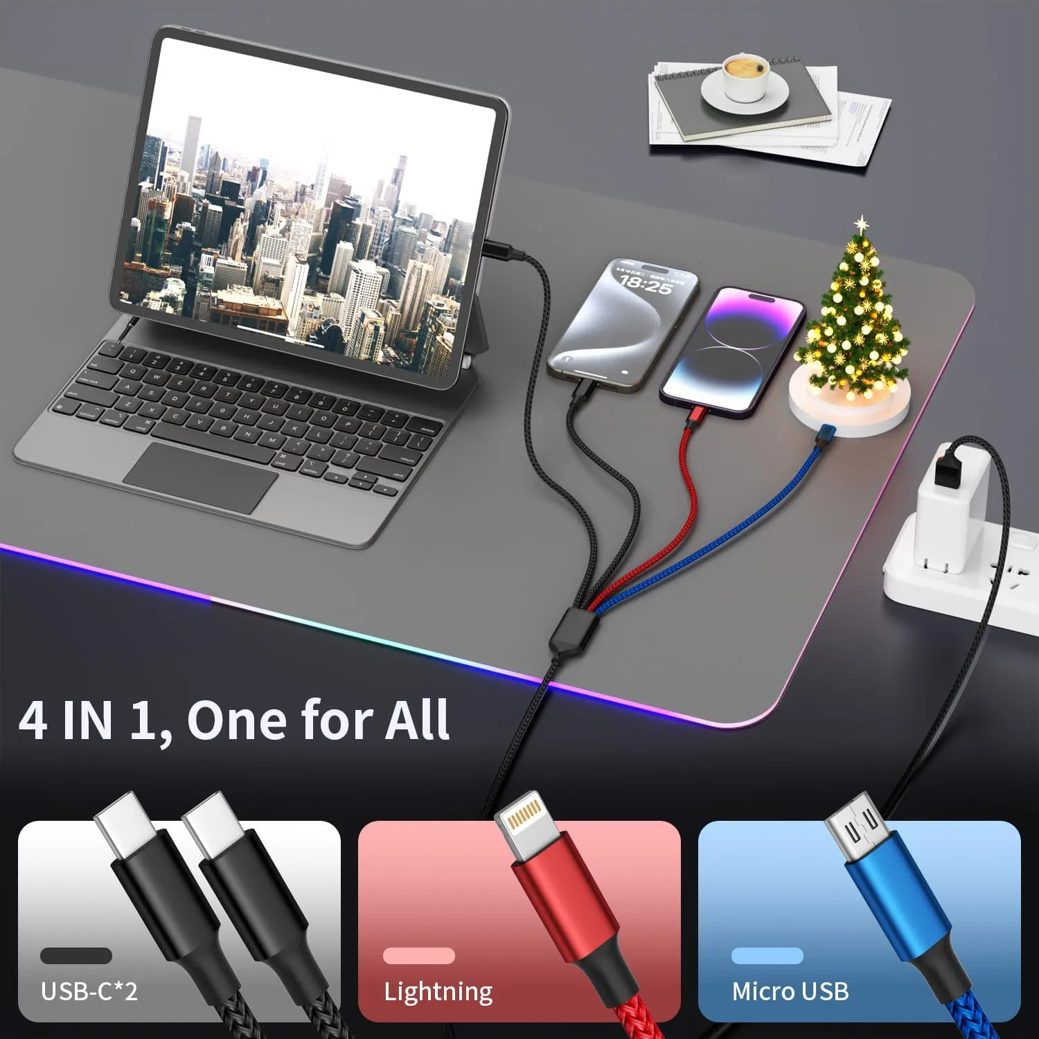 Dual Type-C 4 in 1 Charging Cable 2Pack 5FT, Multi Charging Cable for Multiple Devices, Universal USB Cable with IP/Micro/Dual USB-C Port Compatible iPhone16/15/14 Series, Cell Phones Tablets Pads