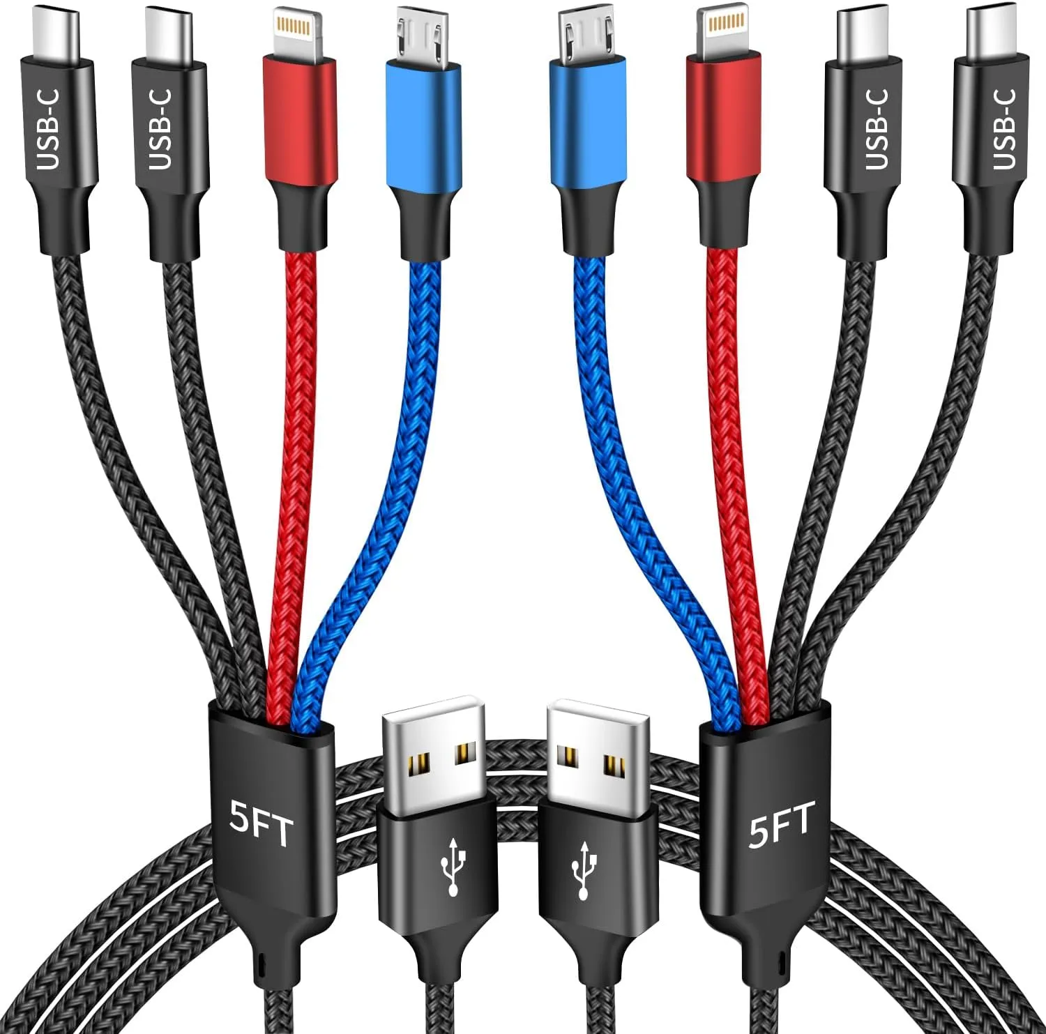 Dual Type-C 4 in 1 Charging Cable 2Pack 5FT, Multi Charging Cable for Multiple Devices, Universal USB Cable with IP/Micro/Dual USB-C Port Compatible iPhone16/15/14 Series, Cell Phones Tablets Pads