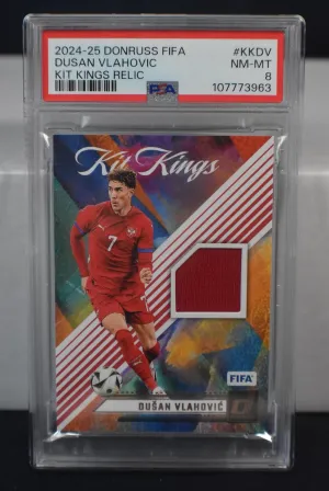 DUSAN VLAHOVIC 2024-25 Panini Donruss FIFA Soccer Kit Kings #KK-DV RELIC MEM Card PSA Graded NM-Mint 8 Serbia FC Juventus
