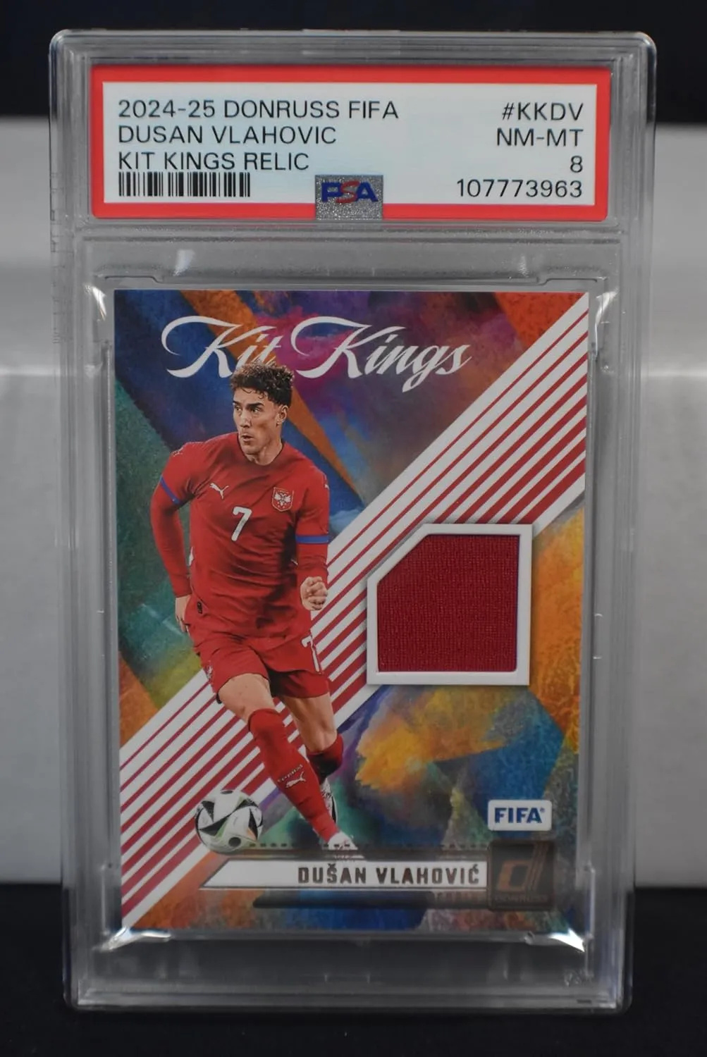 DUSAN VLAHOVIC 2024-25 Panini Donruss FIFA Soccer Kit Kings #KK-DV RELIC MEM Card PSA Graded NM-Mint 8 Serbia FC Juventus