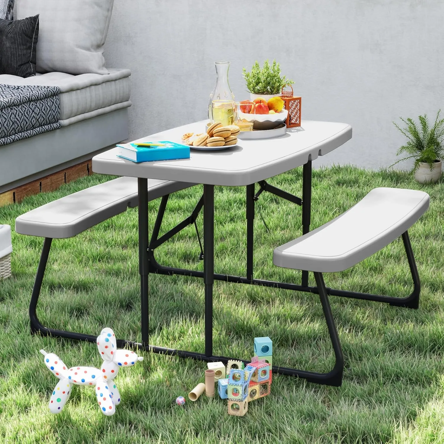 DWVO 37" Picnic Table, Folding Picnic Tables for Outdoors with Weather Resistant Resin Tabletop & Stable Steel Frame for Yard Patio Lawn Party, White