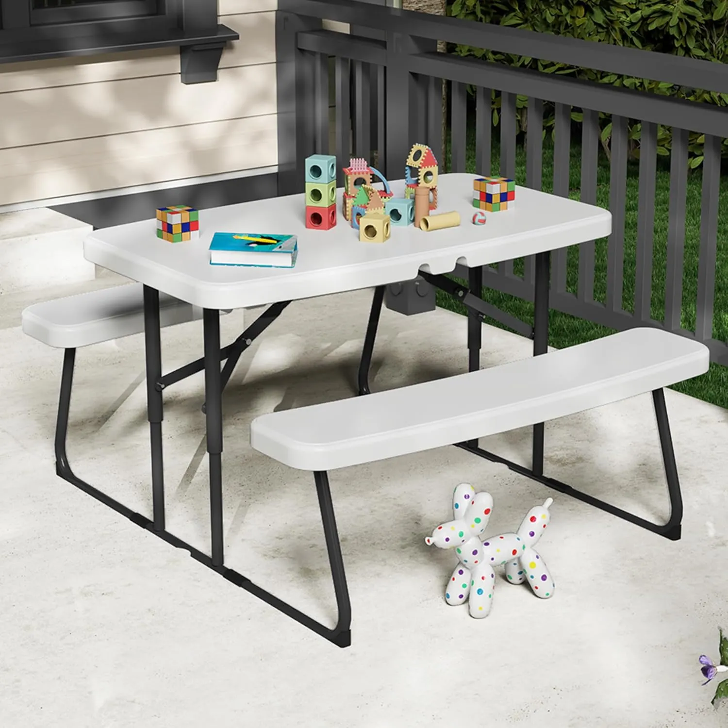 DWVO 37" Picnic Table, Folding Picnic Tables for Outdoors with Weather Resistant Resin Tabletop & Stable Steel Frame for Yard Patio Lawn Party, White