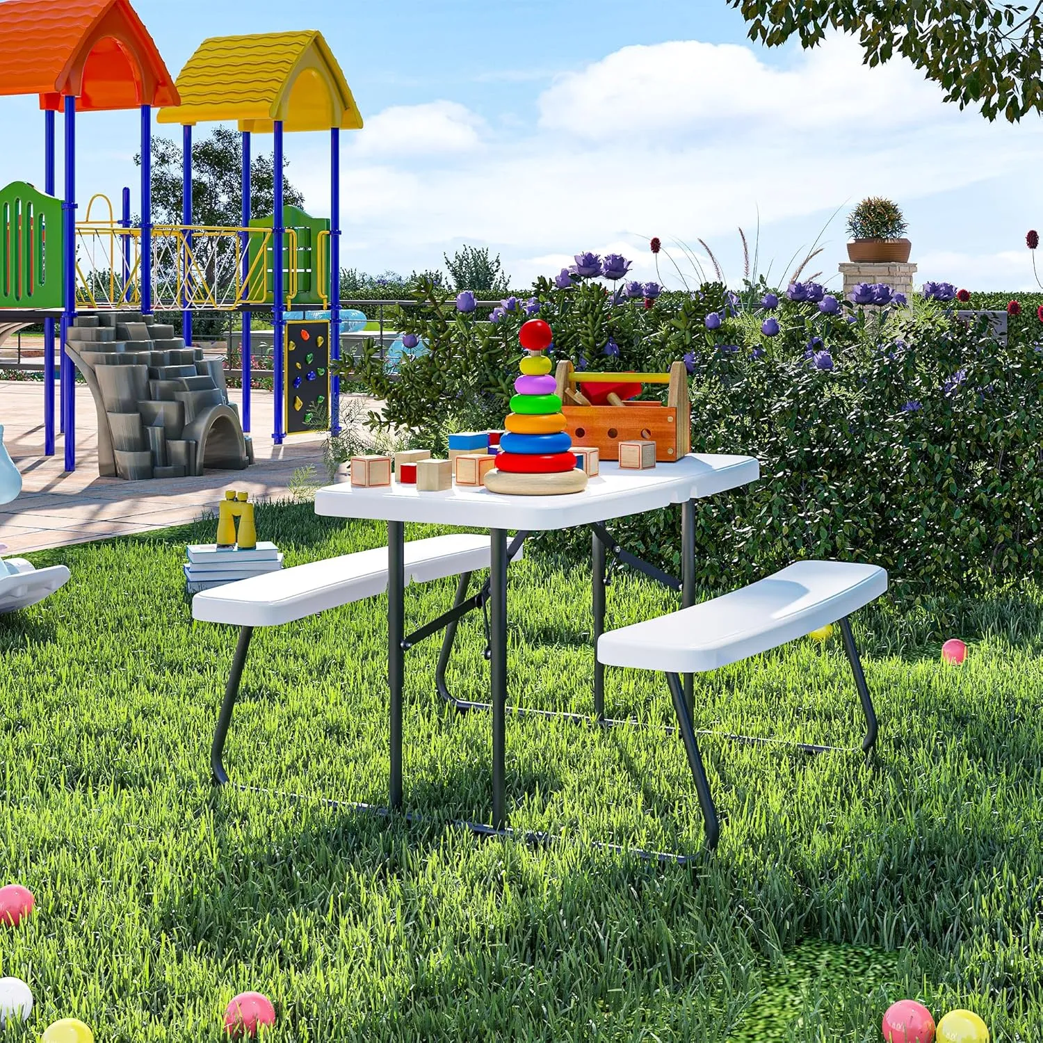 DWVO 37" Picnic Table, Folding Picnic Tables for Outdoors with Weather Resistant Resin Tabletop & Stable Steel Frame for Yard Patio Lawn Party, White