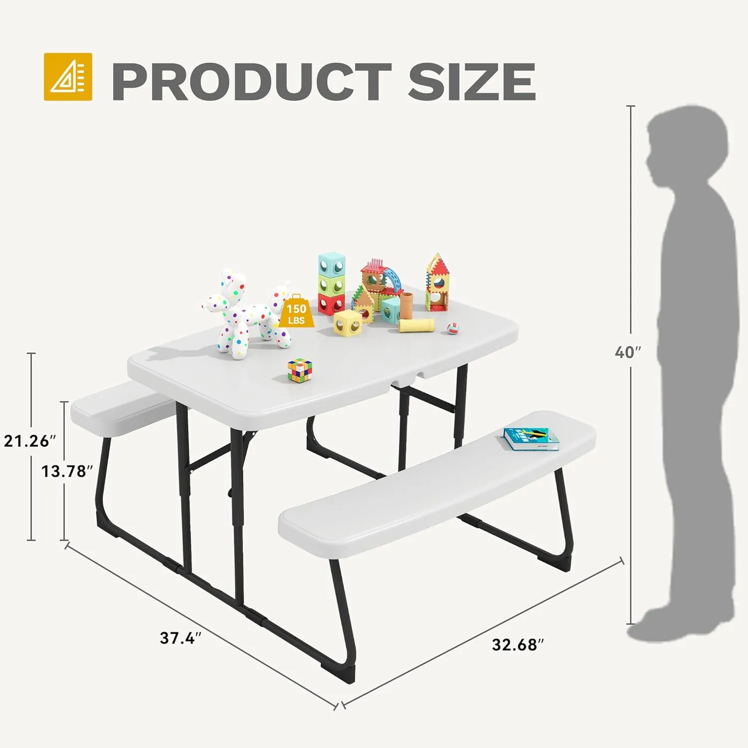 DWVO 37" Picnic Table, Folding Picnic Tables for Outdoors with Weather Resistant Resin Tabletop & Stable Steel Frame for Yard Patio Lawn Party, White