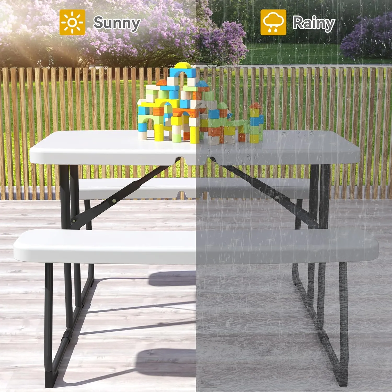 DWVO 37" Picnic Table, Folding Picnic Tables for Outdoors with Weather Resistant Resin Tabletop & Stable Steel Frame for Yard Patio Lawn Party, White