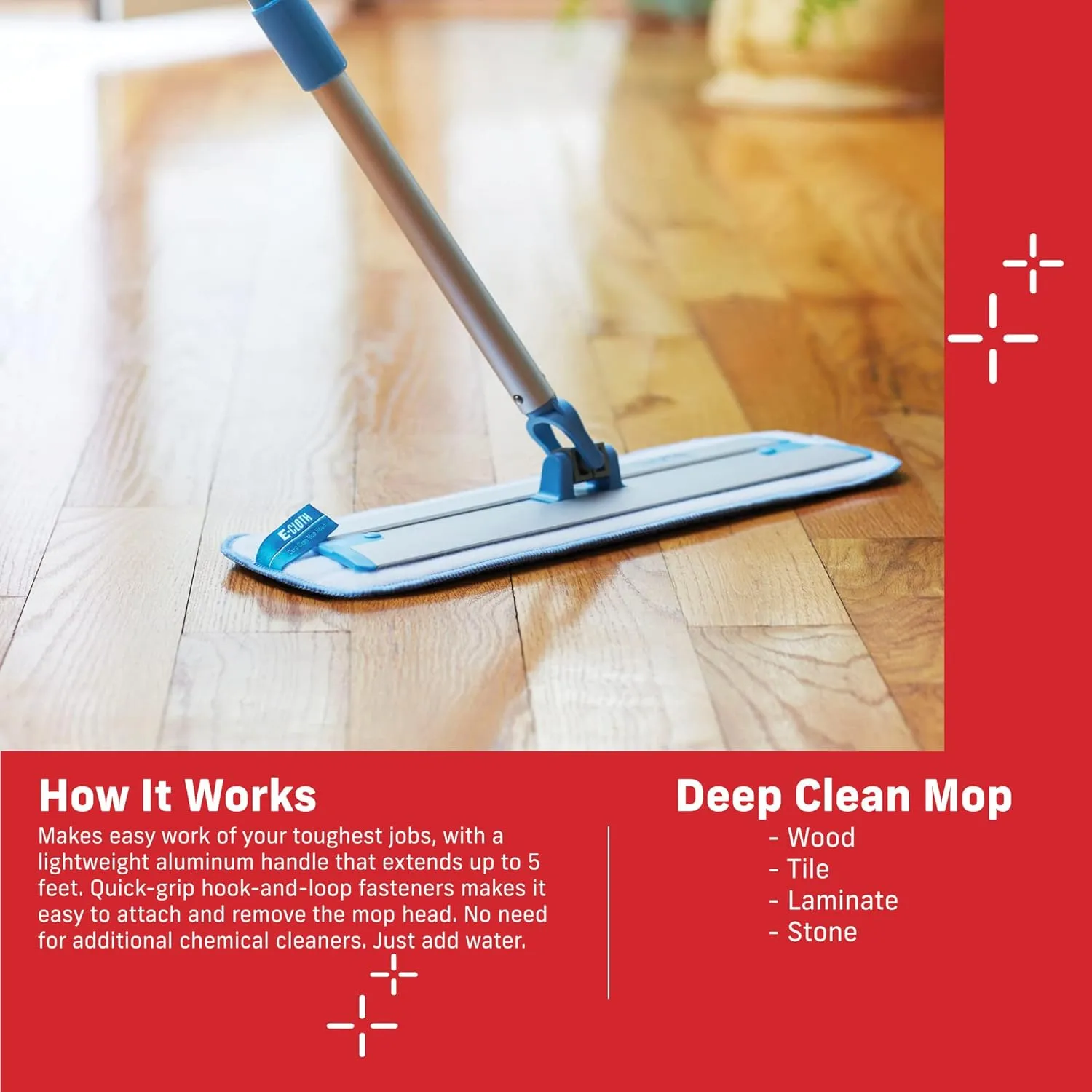 E-Cloth Deep Clean Mop, Microfiber Mop, Perfect Floor Cleaner for Hardwood, Laminate, Tile and Stone Flooring, Washable and Reusable, 100 Wash Promise