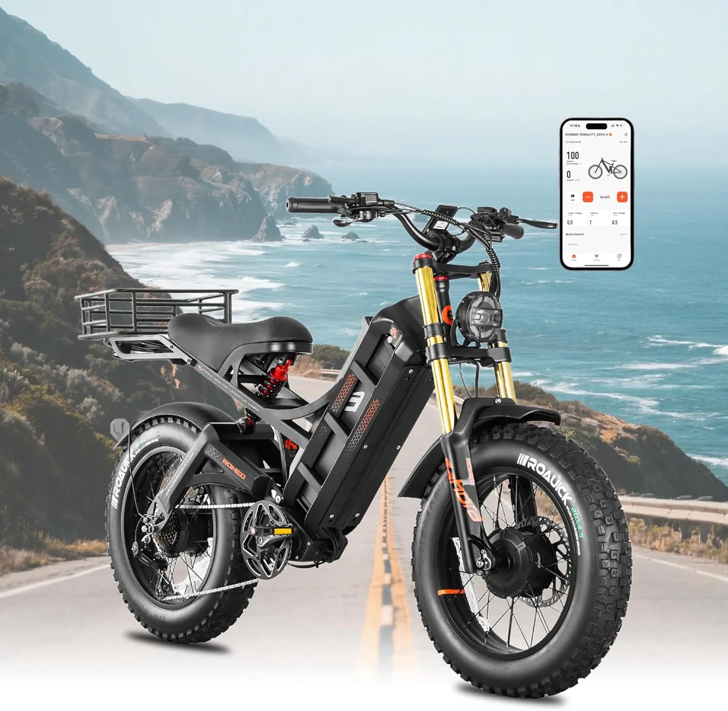 eAhora 2025 Romeo Long Range Electric Bike for Adults, 2500W/1600W, 52/48V60Ah Commuter Ebike, 40/34MPH Fast Electric Mountain Bicycle, 20"/26" Fat Tires, Color Display/App Control/All-terrain/weather