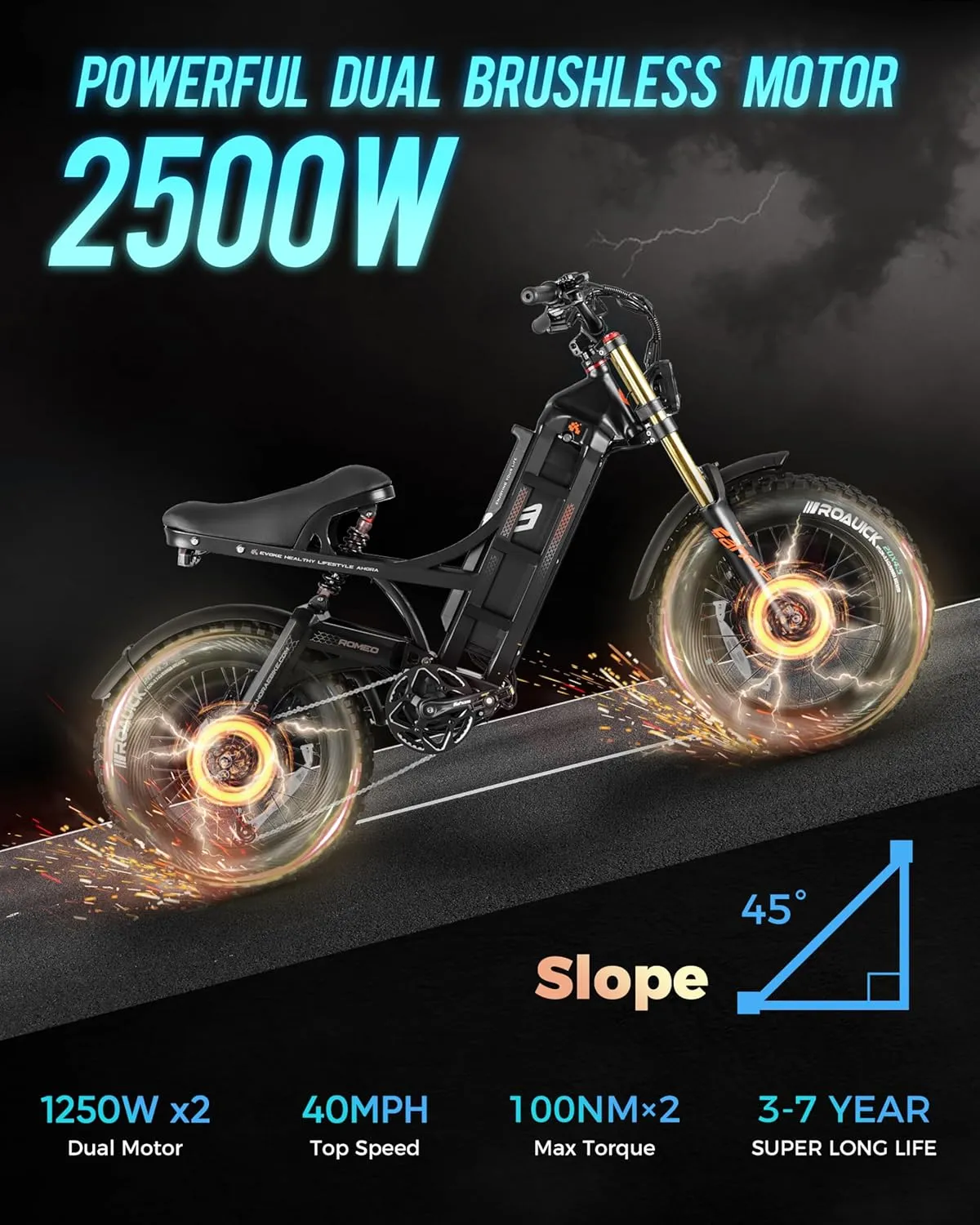 eAhora 2025 Romeo Long Range Electric Bike for Adults, 2500W/1600W, 52/48V60Ah Commuter Ebike, 40/34MPH Fast Electric Mountain Bicycle, 20"/26" Fat Tires, Color Display/App Control/All-terrain/weather