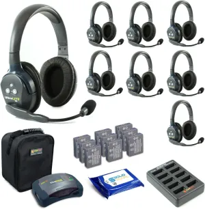 Eartec HUB8D Ultralite Full Duplex Wireless Headset Communication System for 8 Users – 8 Dual Ear Headsets, HUB Transceiver with SolidSignal Cleaning Wipes Bundle