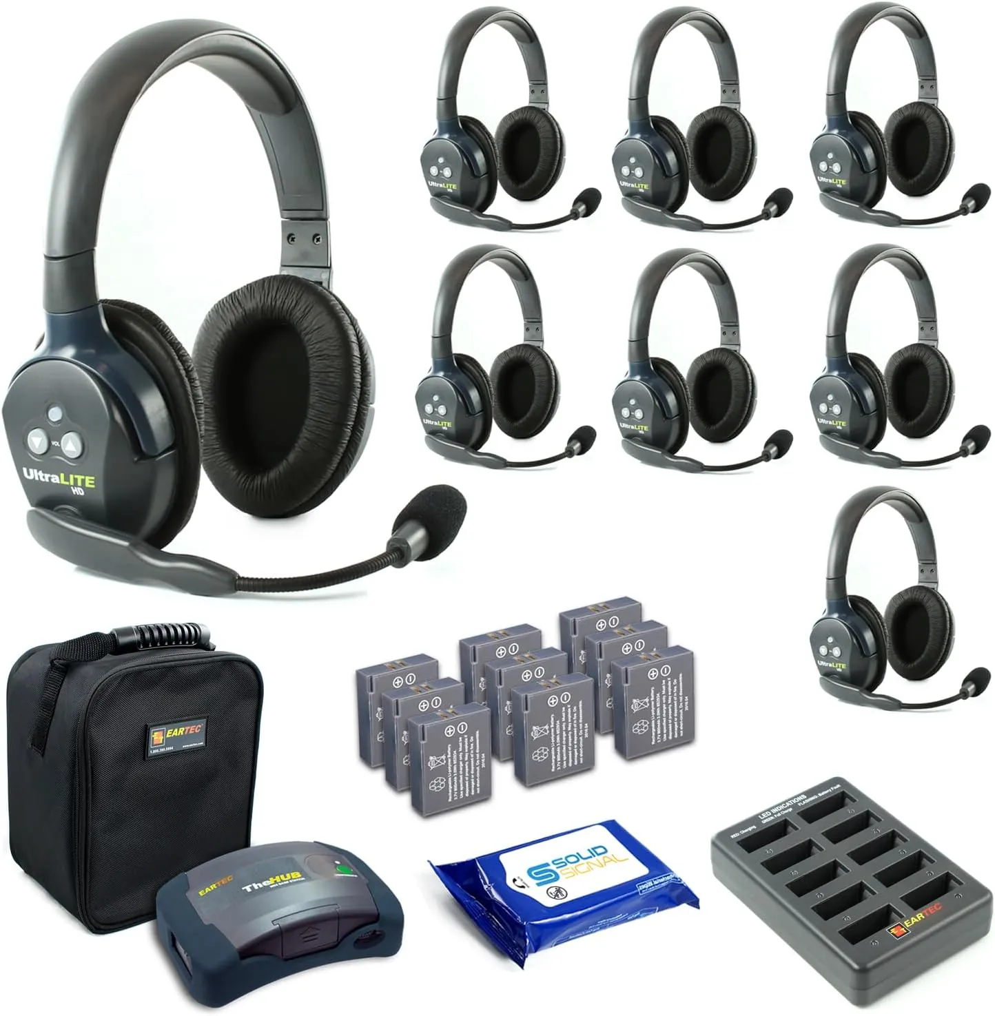 Eartec HUB8D Ultralite Full Duplex Wireless Headset Communication System for 8 Users – 8 Dual Ear Headsets, HUB Transceiver with SolidSignal Cleaning Wipes Bundle