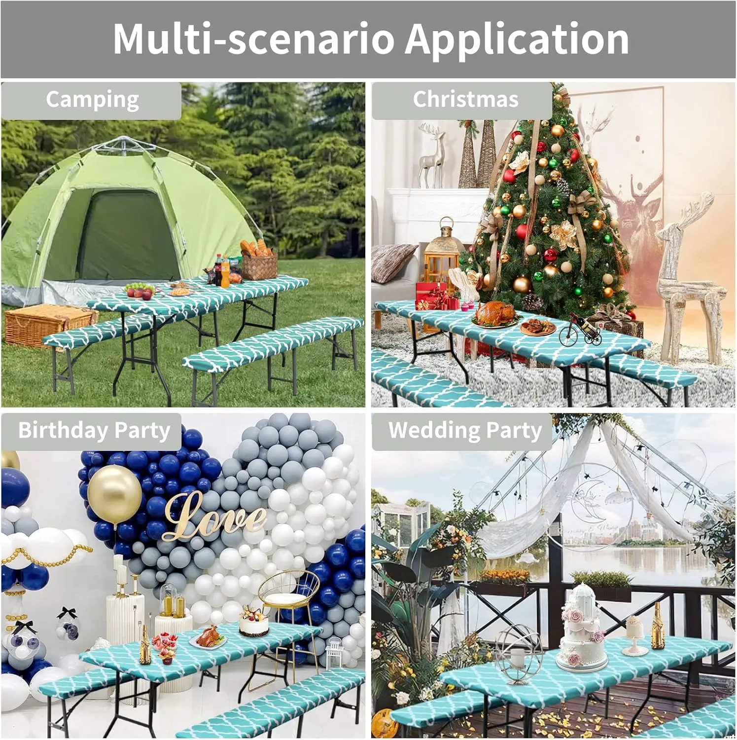 Easy-Going 100% Waterproof Picnic Outdoor Tablecloth with Bench Covers Fit 8 Foot Rectangle Table, 3-Piece Set Camping Table Cover with Seat Covers (30x96 in, Moroccan/Teal & White)