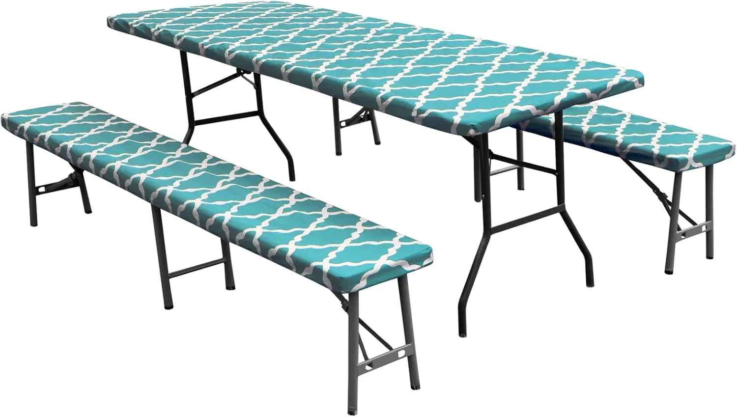 Easy-Going 100% Waterproof Picnic Outdoor Tablecloth with Bench Covers Fit 8 Foot Rectangle Table, 3-Piece Set Camping Table Cover with Seat Covers (30x96 in, Moroccan/Teal & White)