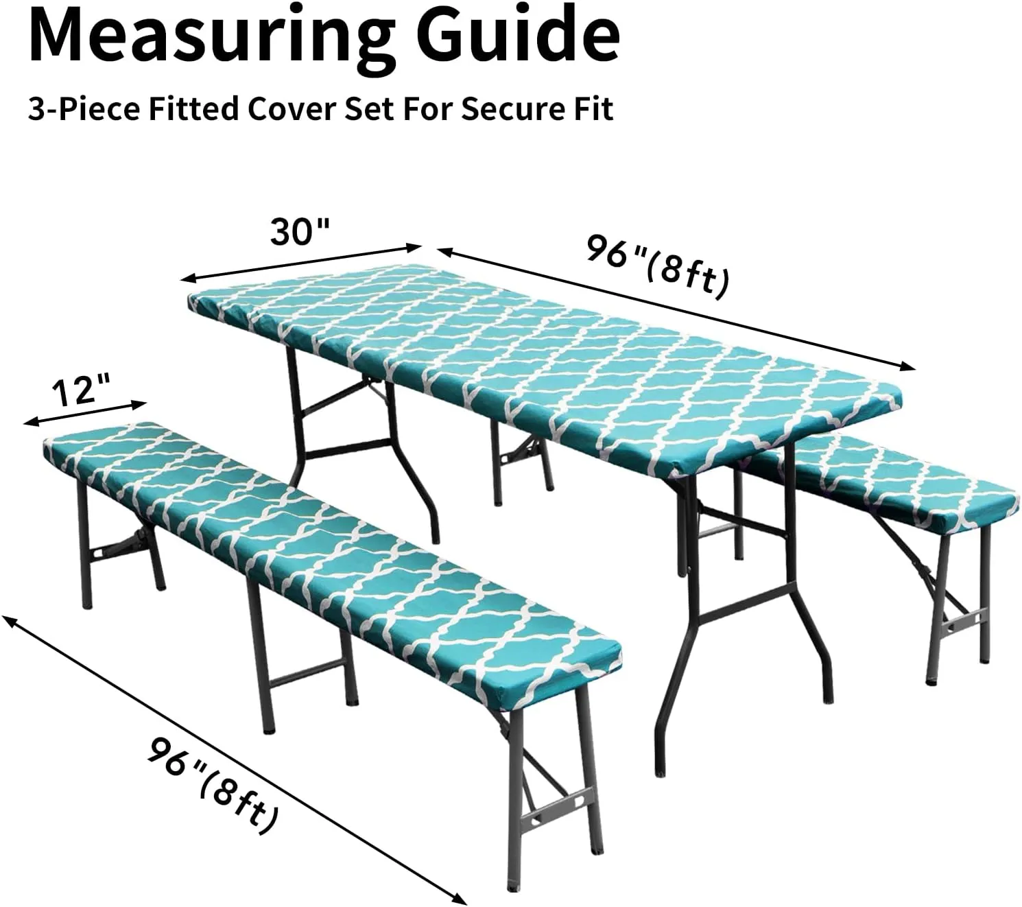 Easy-Going 100% Waterproof Picnic Outdoor Tablecloth with Bench Covers Fit 8 Foot Rectangle Table, 3-Piece Set Camping Table Cover with Seat Covers (30x96 in, Moroccan/Teal & White)