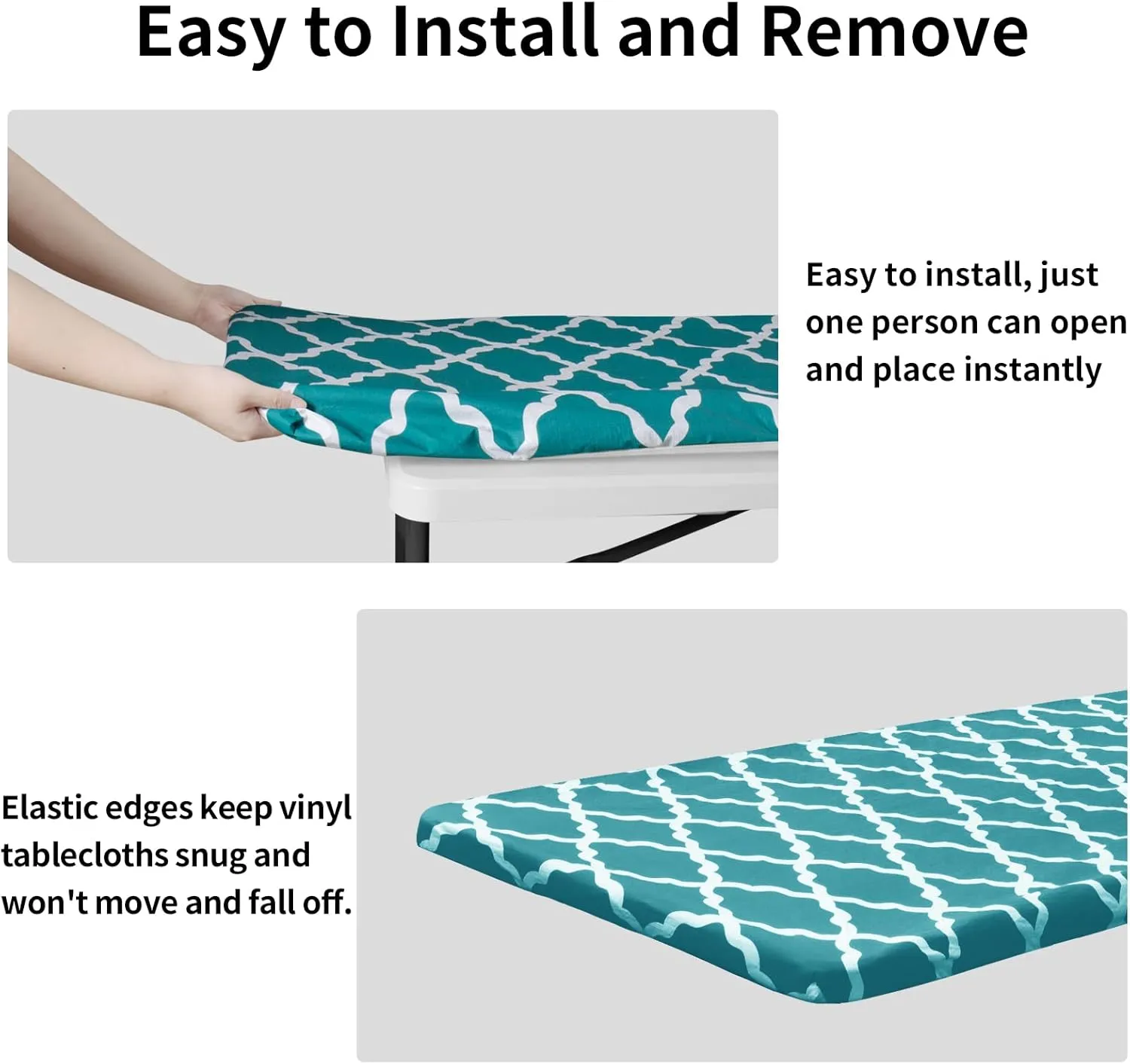 Easy-Going 100% Waterproof Picnic Outdoor Tablecloth with Bench Covers Fit 8 Foot Rectangle Table, 3-Piece Set Camping Table Cover with Seat Covers (30x96 in, Moroccan/Teal & White)