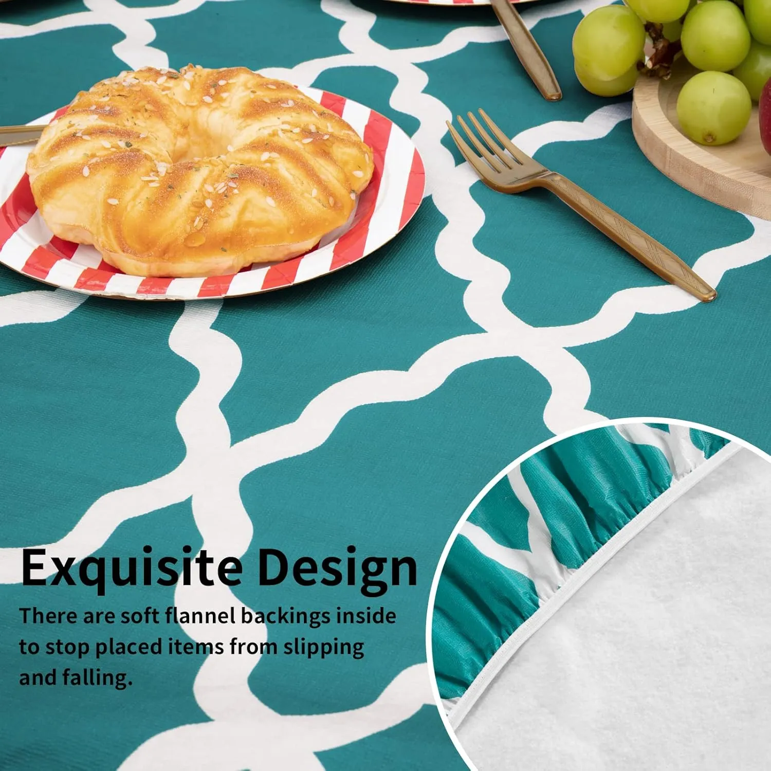 Easy-Going 100% Waterproof Picnic Outdoor Tablecloth with Bench Covers Fit 8 Foot Rectangle Table, 3-Piece Set Camping Table Cover with Seat Covers (30x96 in, Moroccan/Teal & White)