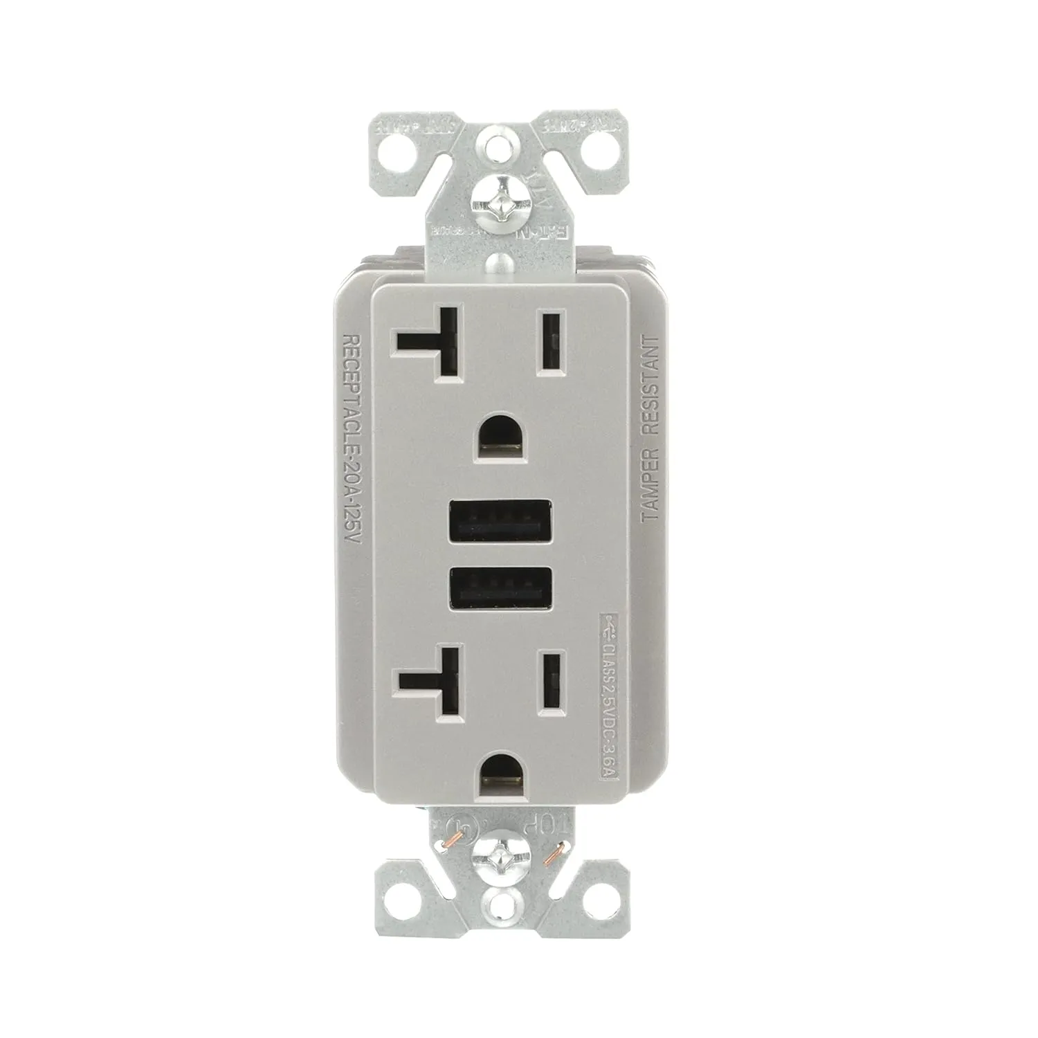 Eaton 3.6A USB Type A Charger with TR Duplex Receptacle 20A/125V, Silver Granite