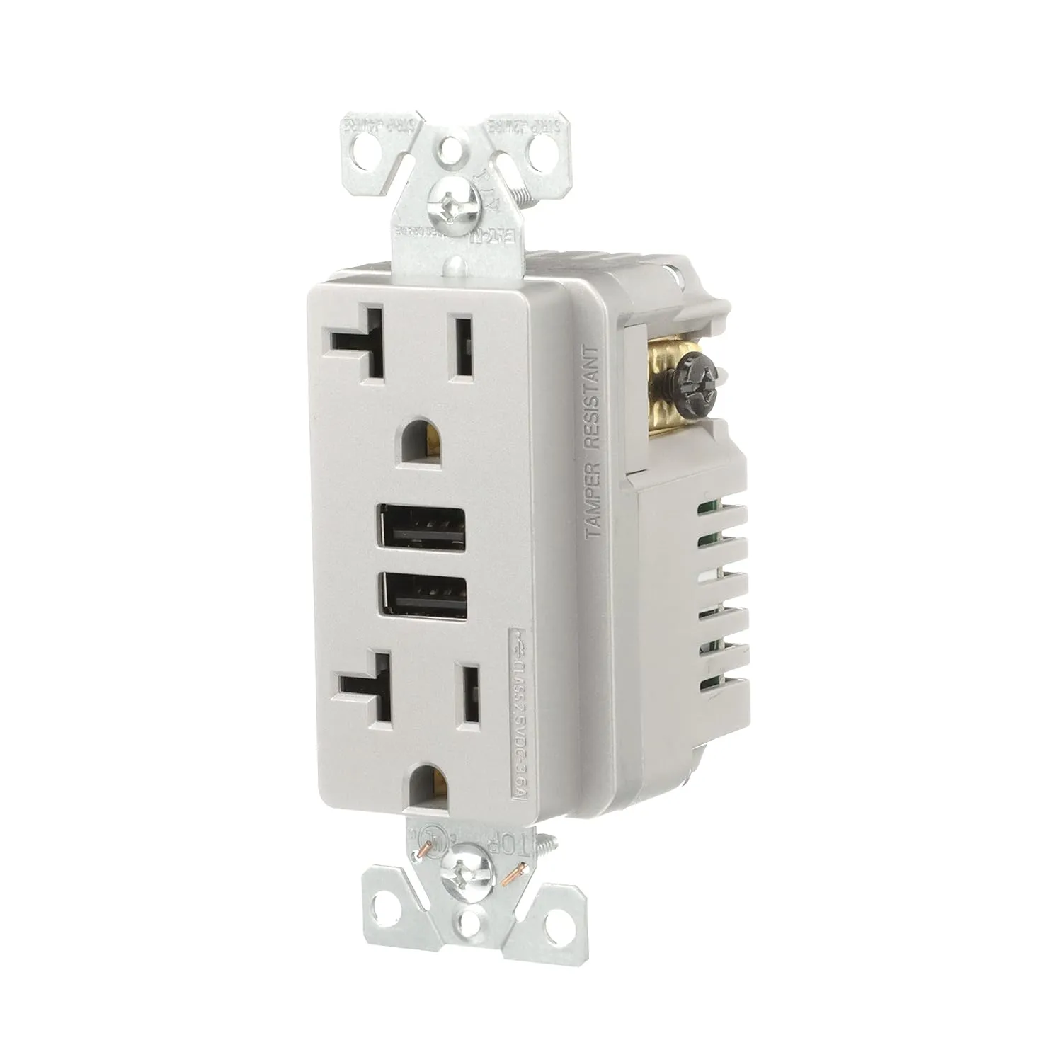 Eaton 3.6A USB Type A Charger with TR Duplex Receptacle 20A/125V, Silver Granite