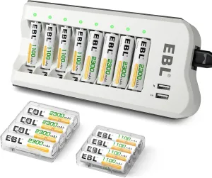 EBL AA 2300mAh (8 Pack) and AAA 1100mAh (8 Pack) Ni-MH Rechargeable Batteries and AA AAA Rechargeable Battery Charger with 2 USB Charging Ports