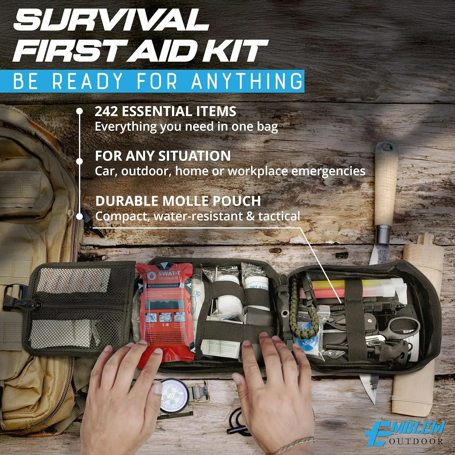 Emblem OD 242 pc First Aid Survival Kit with Tourniquet Kit | MOLLE IFAK Med Kit | Emergency Medical Trauma Kit | Survival Gear | Made in USA and Asia