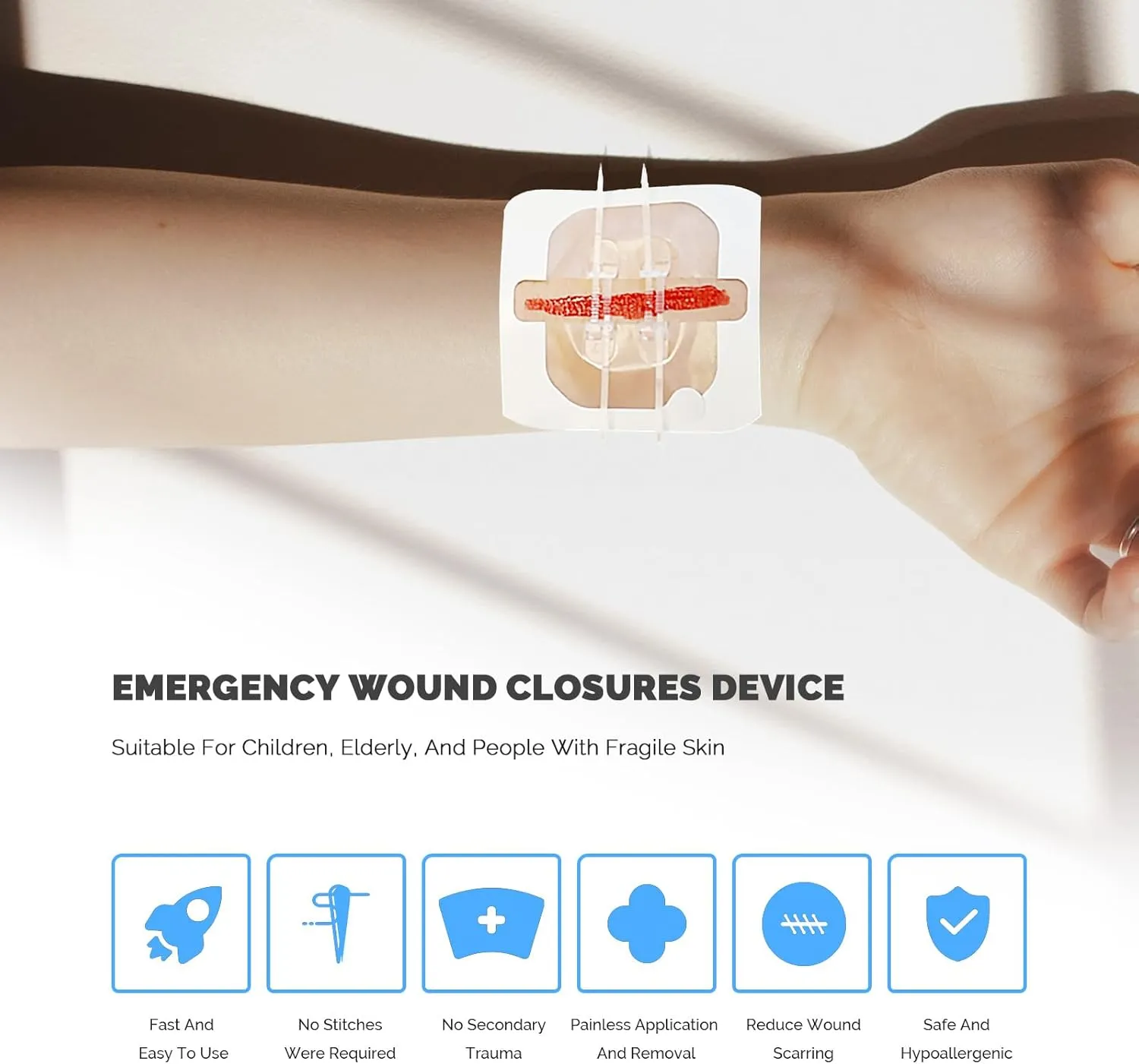 Emergency Wound Closure Strips 6 Pcs Zip Stitch Wound Closure Strips Laceration Closure Kit, Steri Zipstitch Butterfly Bandages Repair Wounds Without Stitches