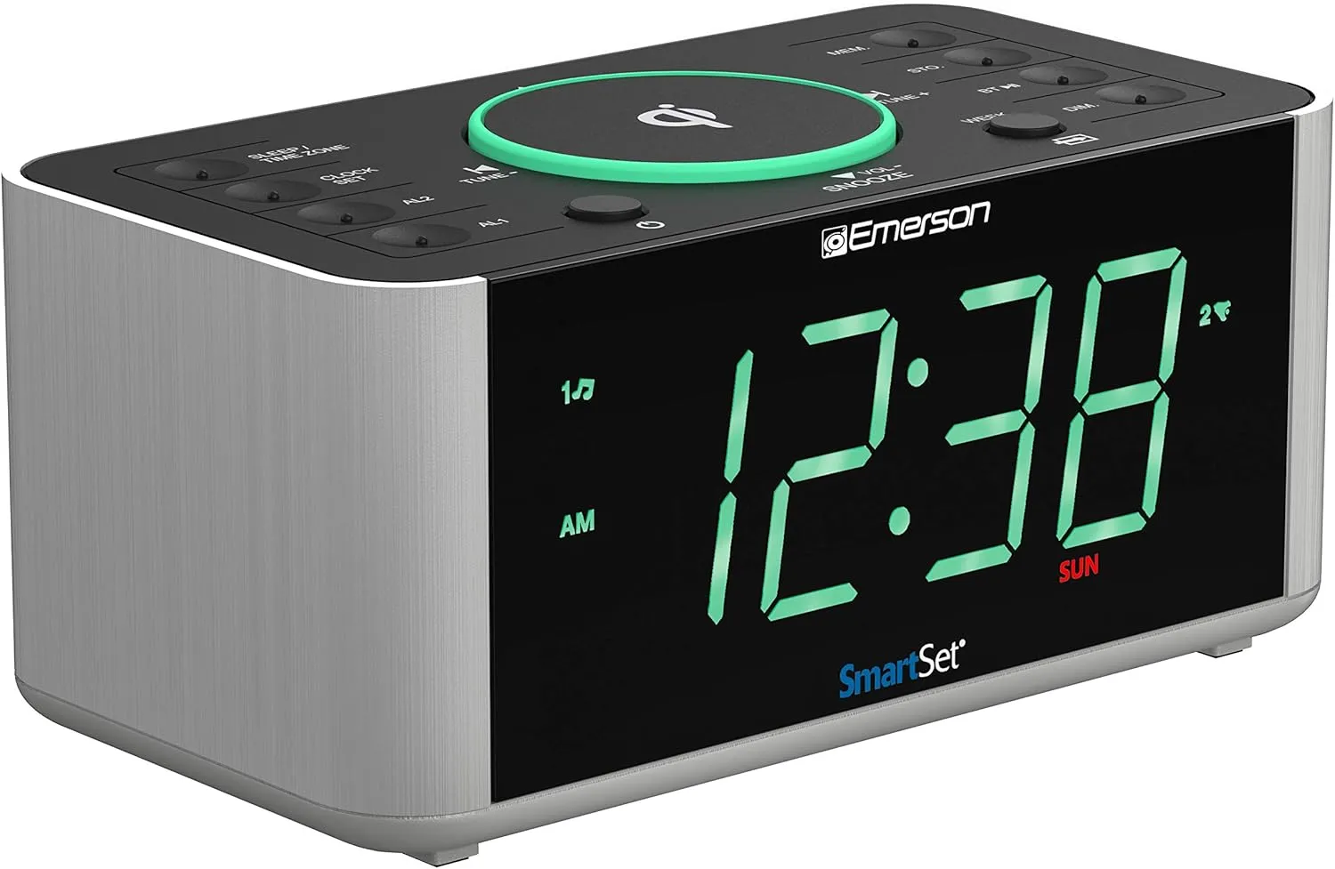 Emerson Smartset Dual Alarm Clock Radio and QI Wireless Phone Charger with Bluetooth, All Qi Compatible Phones, ER100202