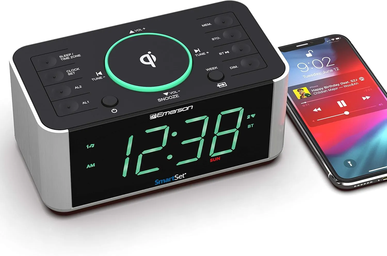 Emerson Smartset Dual Alarm Clock Radio and QI Wireless Phone Charger with Bluetooth, All Qi Compatible Phones, ER100202