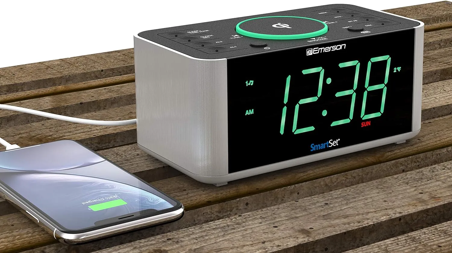 Emerson Smartset Dual Alarm Clock Radio and QI Wireless Phone Charger with Bluetooth, All Qi Compatible Phones, ER100202