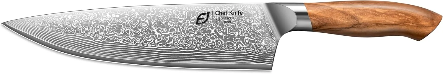 Emojoy Chef Knife 8-inch All Purpose, Japannese Steel, 67-Layers Damascus Knife with Original Olive Wood Handle, Include Wooden Gift Box