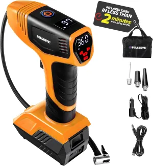 EMSON Bullseye Pro ASON TV Digital Tire Inflator Automatic 150 PSI w/Gauge Display Screen & Pre-set Pressure in KPA,PSI,BAR,Kg/cm,Built-in LED Lights,Rechargeable,Air Compressor,Car Tire Pump,Orange