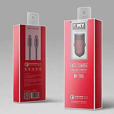 EMY MY-118Q Premium Quality 3A Fast Car Charger for iPhone, Samsung, OnePlus - Qualcomm Quick Charge 3.0