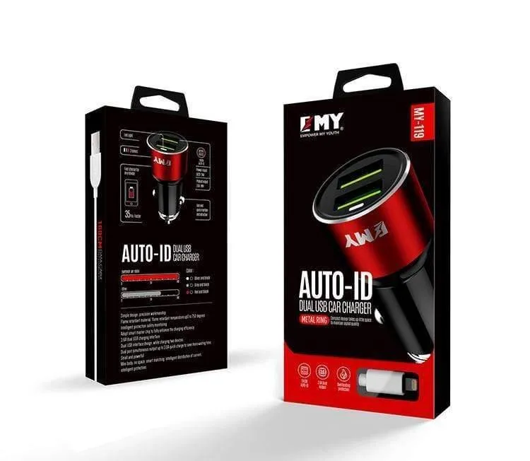 EMY MY119 (Auto-ID) Premium Quality DUAL USB Port 3.6A Car Quick Charger 35% Faster With Android Cable
