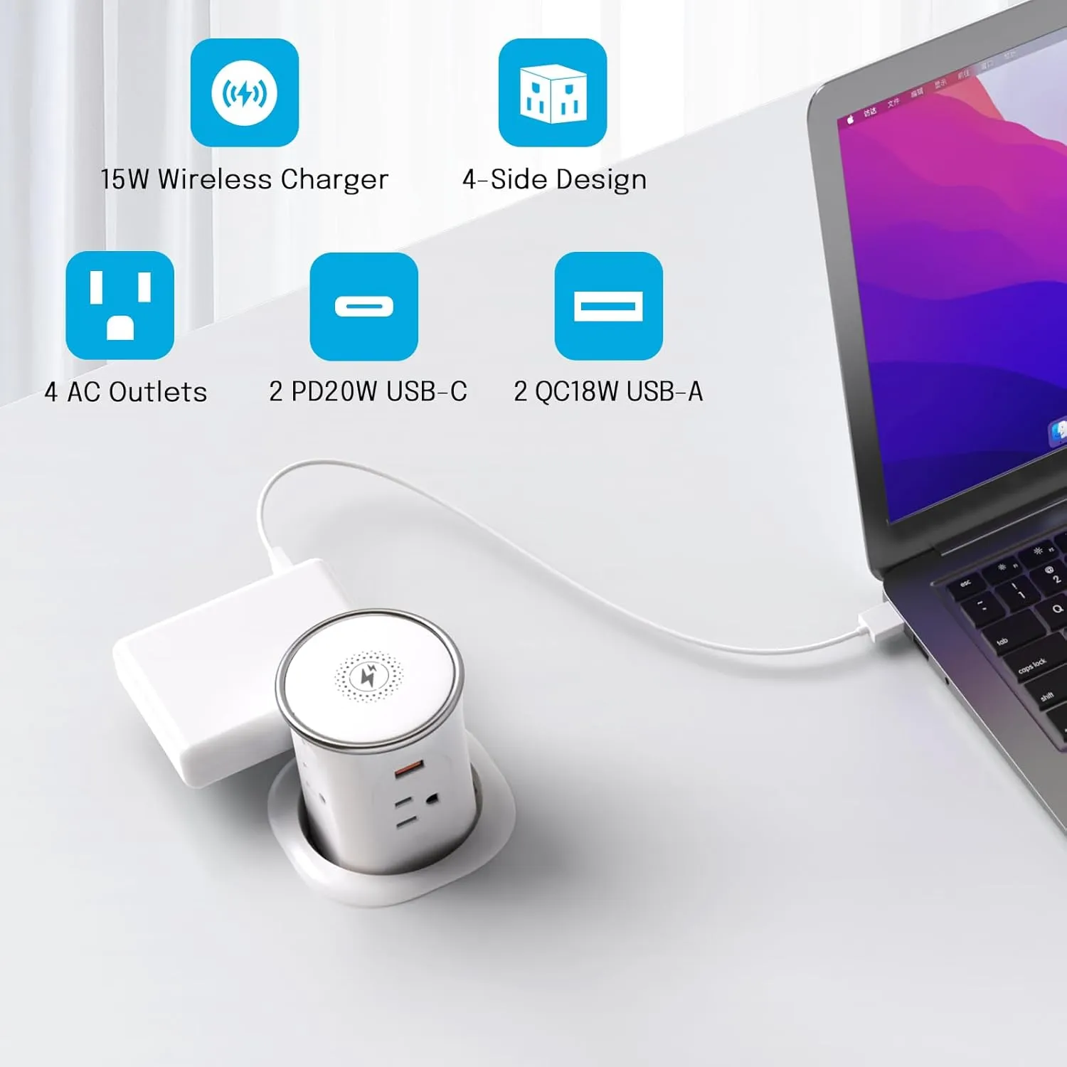 ETL Listed. 3.15in Pop Up Countertop Outlet with 15W Wireless Charger, PD20W USB & 15A Tamper Resistant, Surface Mount Electrical Receptacle with 4 (TR) Outlets & 4 USB for Desktop