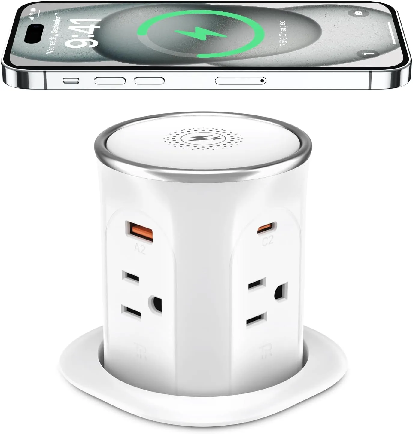 ETL Listed. 3.15in Pop Up Countertop Outlet with 15W Wireless Charger, PD20W USB & 15A Tamper Resistant, Surface Mount Electrical Receptacle with 4 (TR) Outlets & 4 USB for Desktop