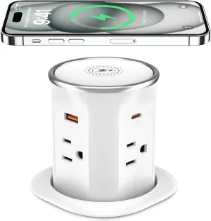 ETL Listed. 3.15in Pop Up Countertop Outlet with 15W Wireless Charger, PD20W USB & 15A Tamper Resistant, Surface Mount Electrical Receptacle with 4 (TR) Outlets & 4 USB for Desktop