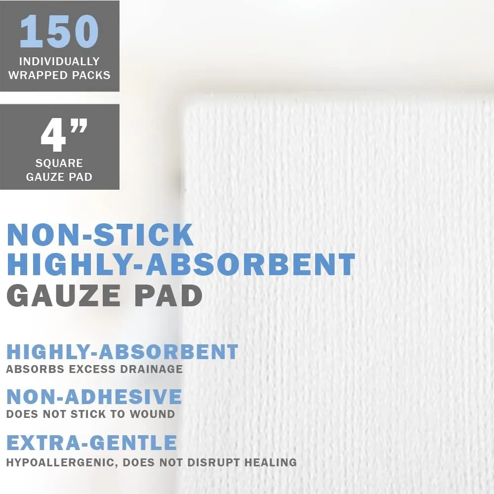 EVERLIT [Extra-Thick] 4''x4'' Sterile Gauze Pad 12-Ply, 150 Pack, Individual Wrapped, Ultra Absorbent Large Non-Woven Medical Gauze Sponges for Wound Care Home First Aid Kit