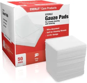 EVERLIT [Extra-Thick] 4''x4'' Sterile Gauze Pad 12-Ply, 150 Pack, Individual Wrapped, Ultra Absorbent Large Non-Woven Medical Gauze Sponges for Wound Care Home First Aid Kit