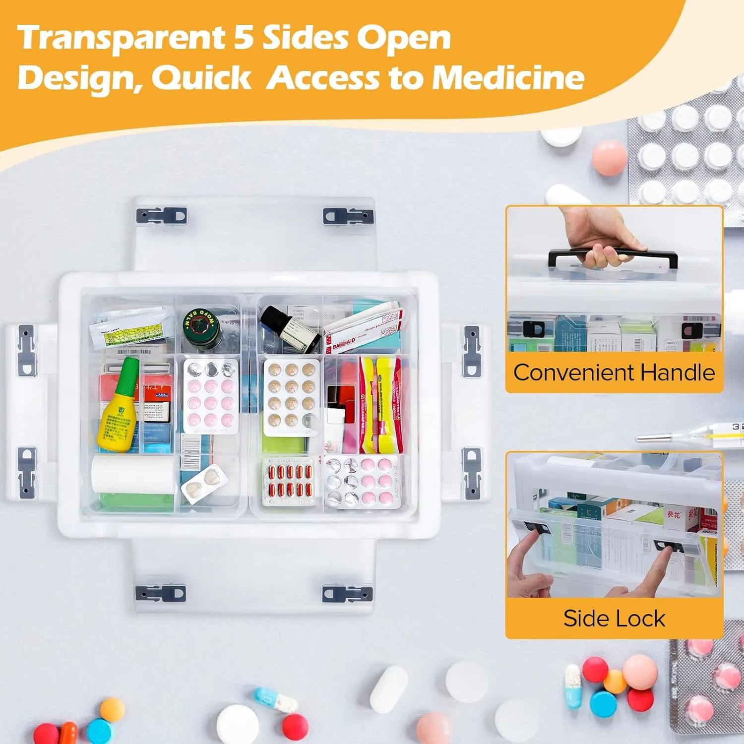 Extra Large Medicine Storage Box with Handles, First Aid Box Clear Medical Supply Organizer with Removable Tray, Multipurpose Plastic Medicine Chest with Wheels
