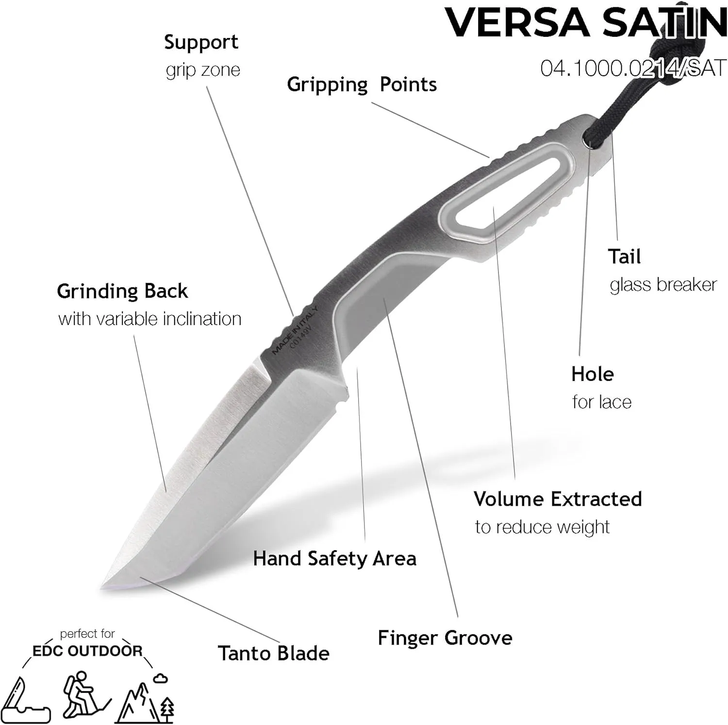 Extrema Ratio - Versa (Satin) Fixed Blade Knife, Böhler N690 steel blade hardened to 58 HRC, satin finish, ergonomic aluminum handle scales, reversible pocket clip, handcrafted in Italy
