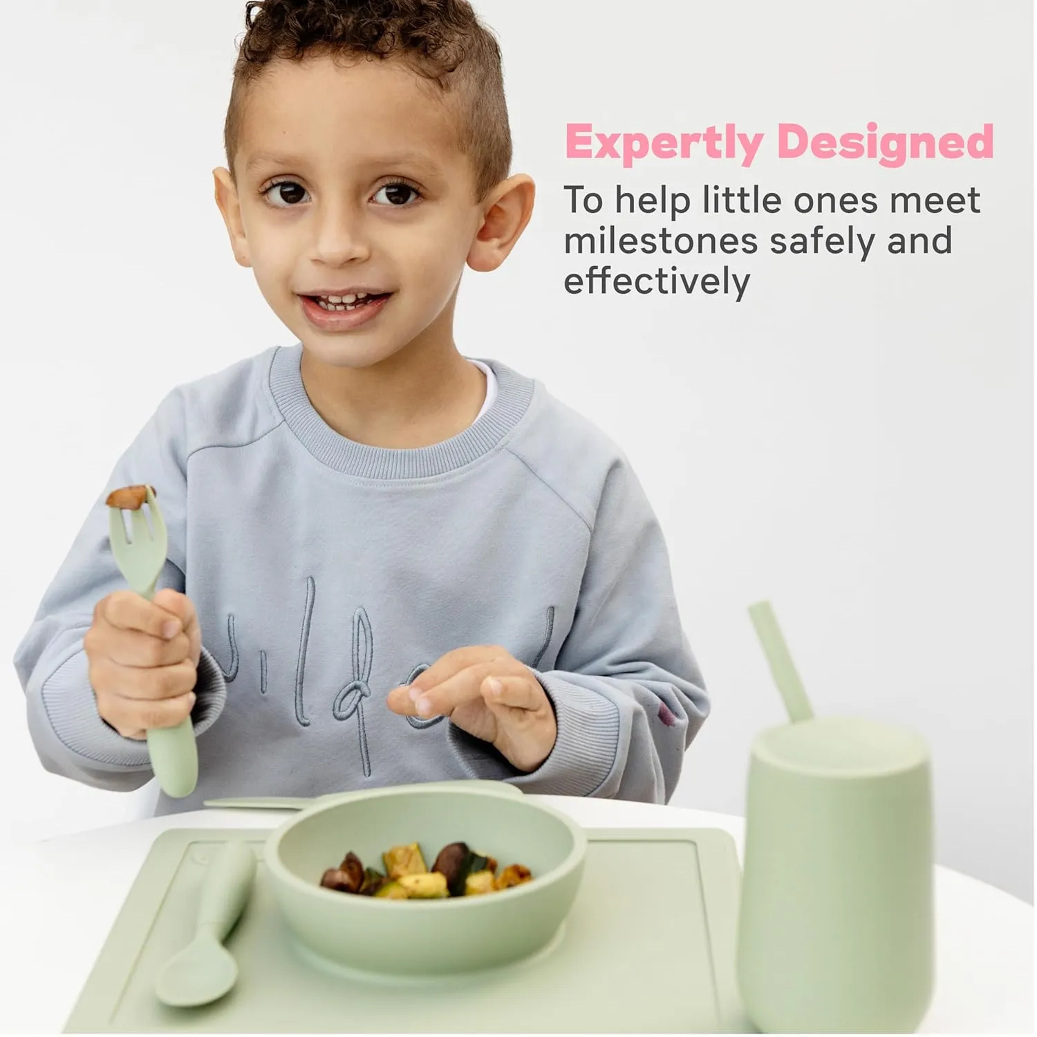 ezpz Happy Utensils - 24 Months  (Sage) - BPA Free Toddler Utensils - Fork, Spoon and Knife for Toddlers and Preschoolers - Kids Utensils for Self-Feeding Development